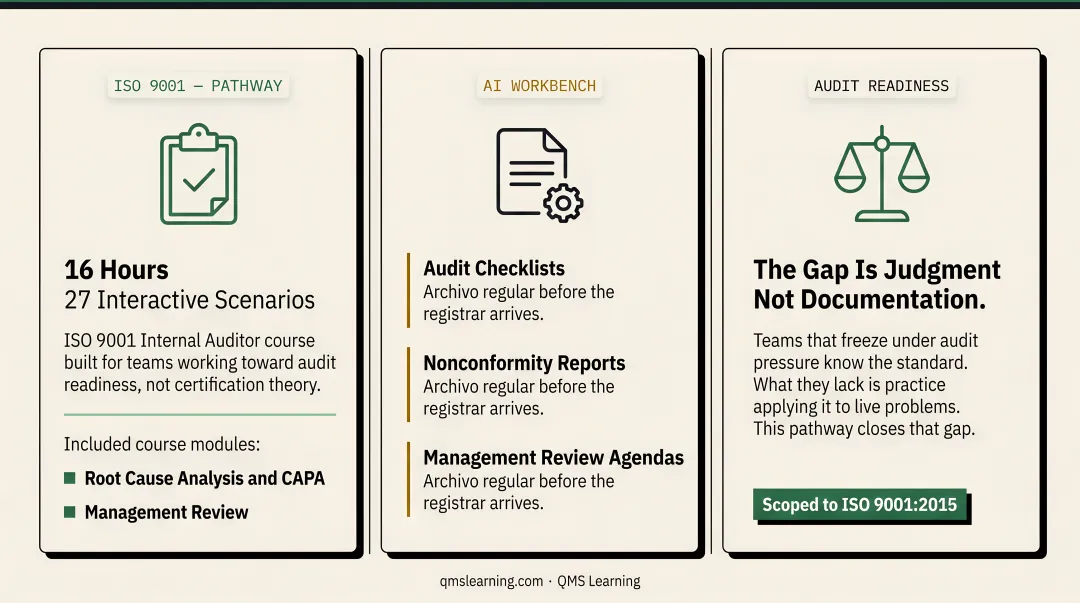 QMS Learning internal auditor course interface showing ISO 9001 scenario-based training modules