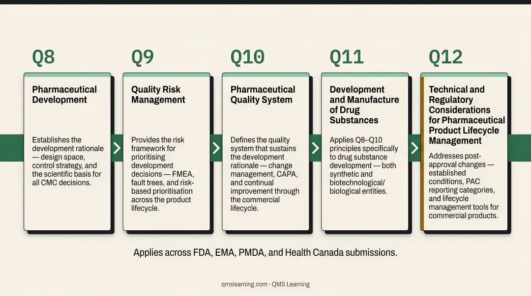 ICH Q8 through Q12 pharmaceutical quality guidelines comparison table infographic