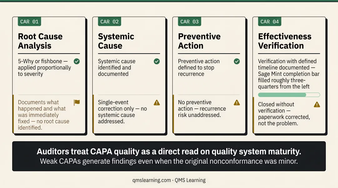 CAPA root cause analysis process flow from nonconformance to effectiveness verification
