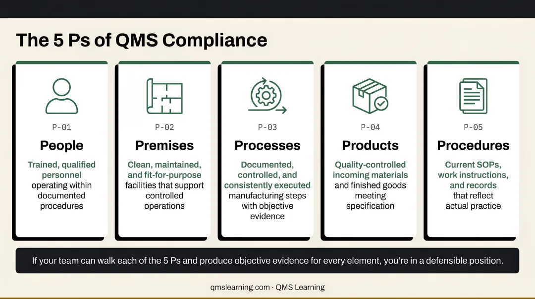 5 pillars of GMP people premises processes products procedures diagram
