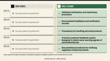 Five ISO 13485 post-market requirements with no ISO 9001 equivalent infographic