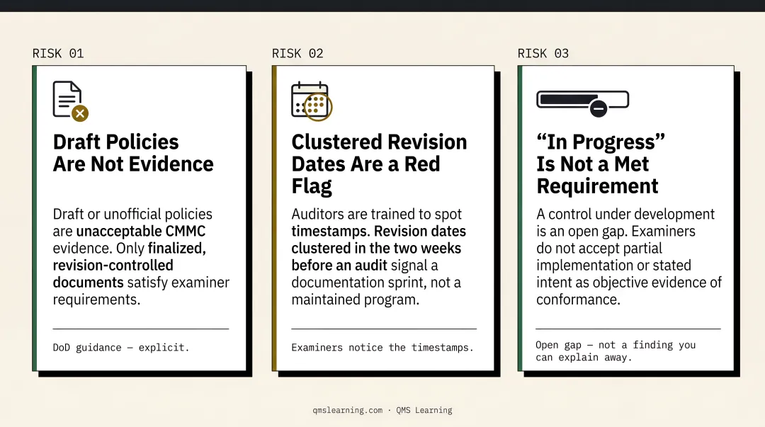 Auditor reviewing compliance documentation timestamps and revision history records
