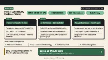 QMS Learning Defense Cybersecurity Readiness platform dashboard showing AI workbench and audit evidence export