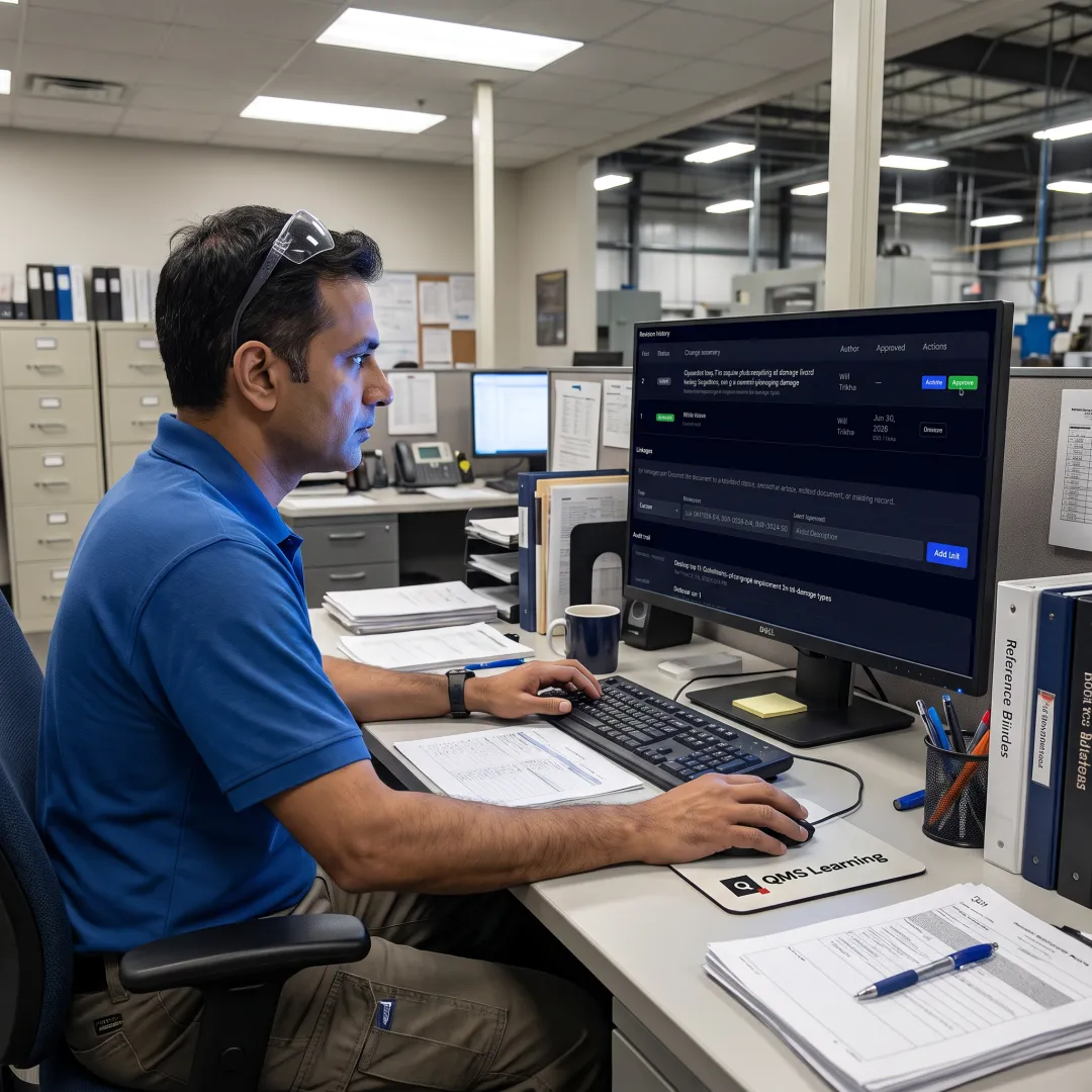Engineer using QMS software for audit evidence