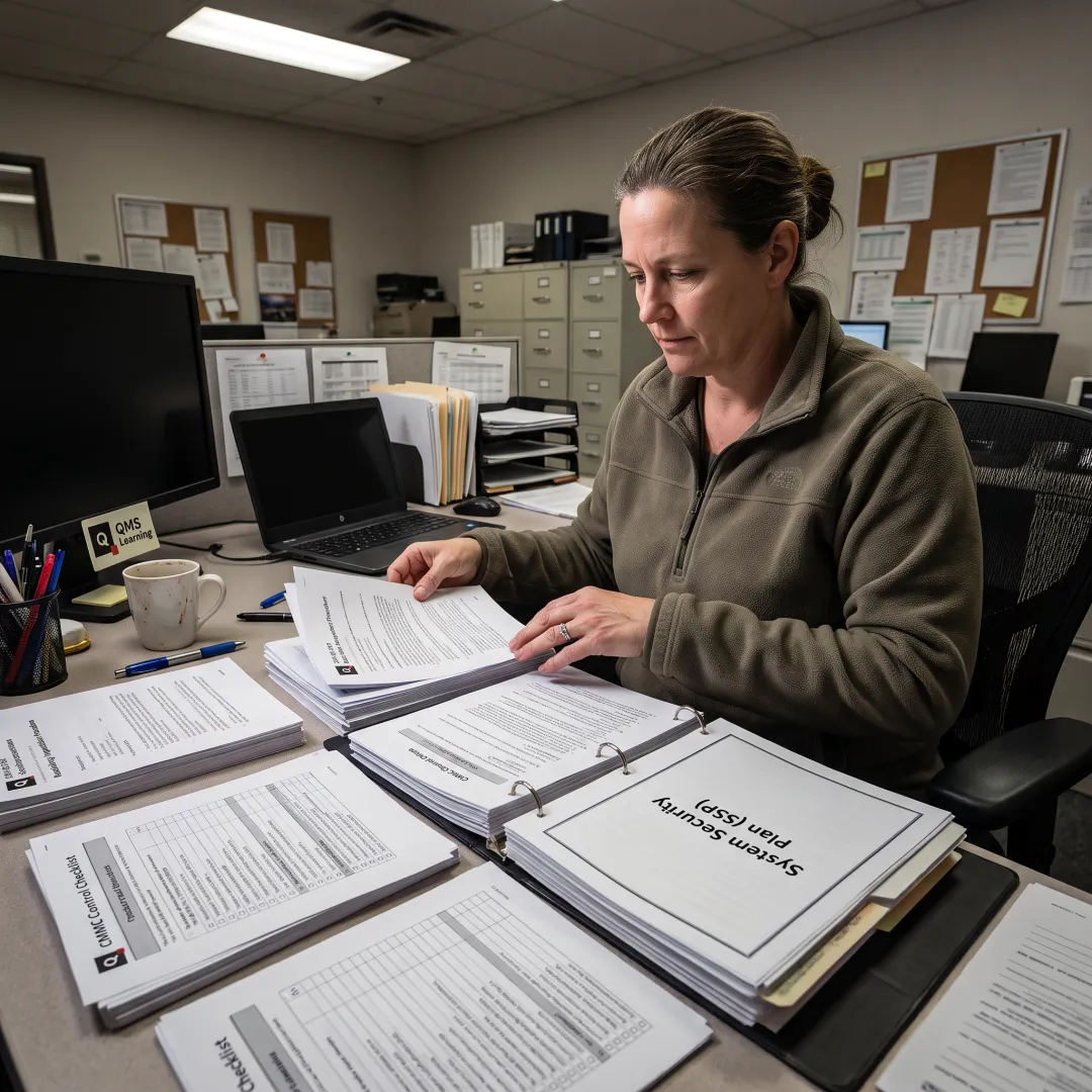 Professional preparing CMMC compliance evidence