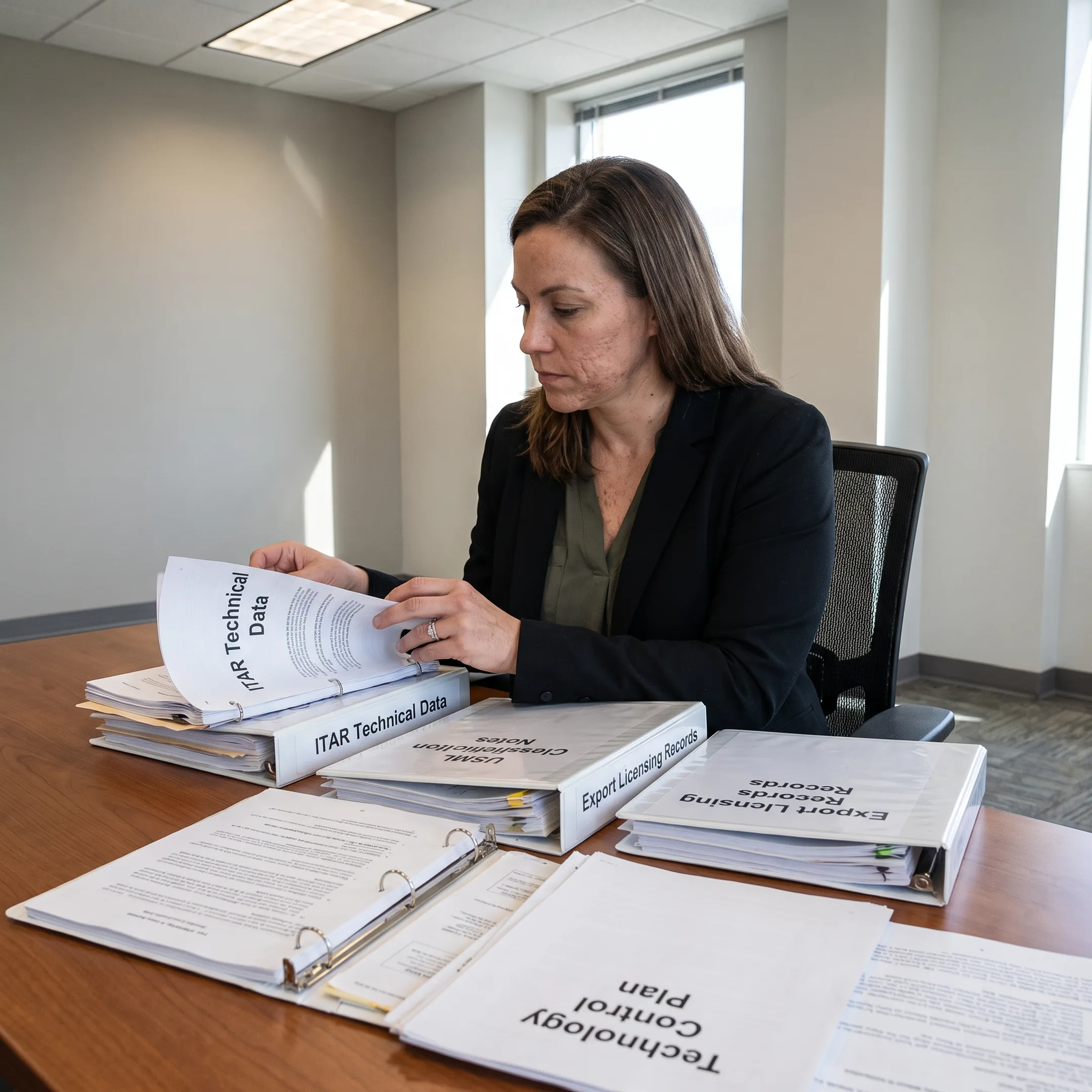 Compliance professional organizing ITAR technical data and export control records