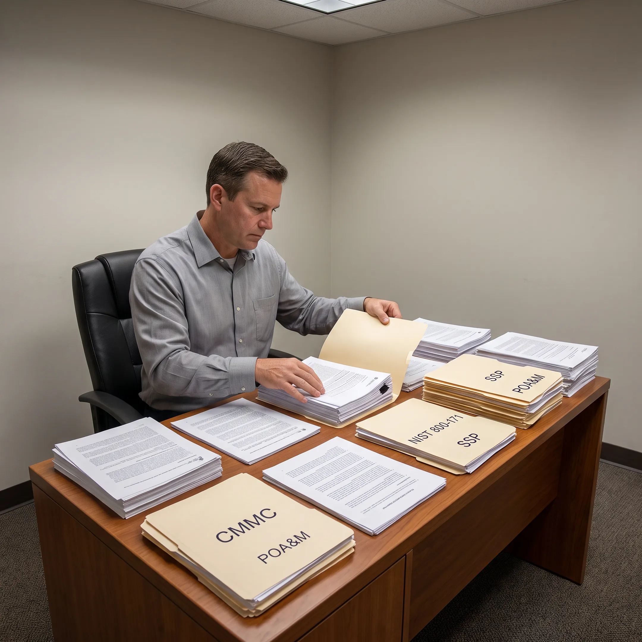 Compliance professional organizing CMMC evidence and assessment records