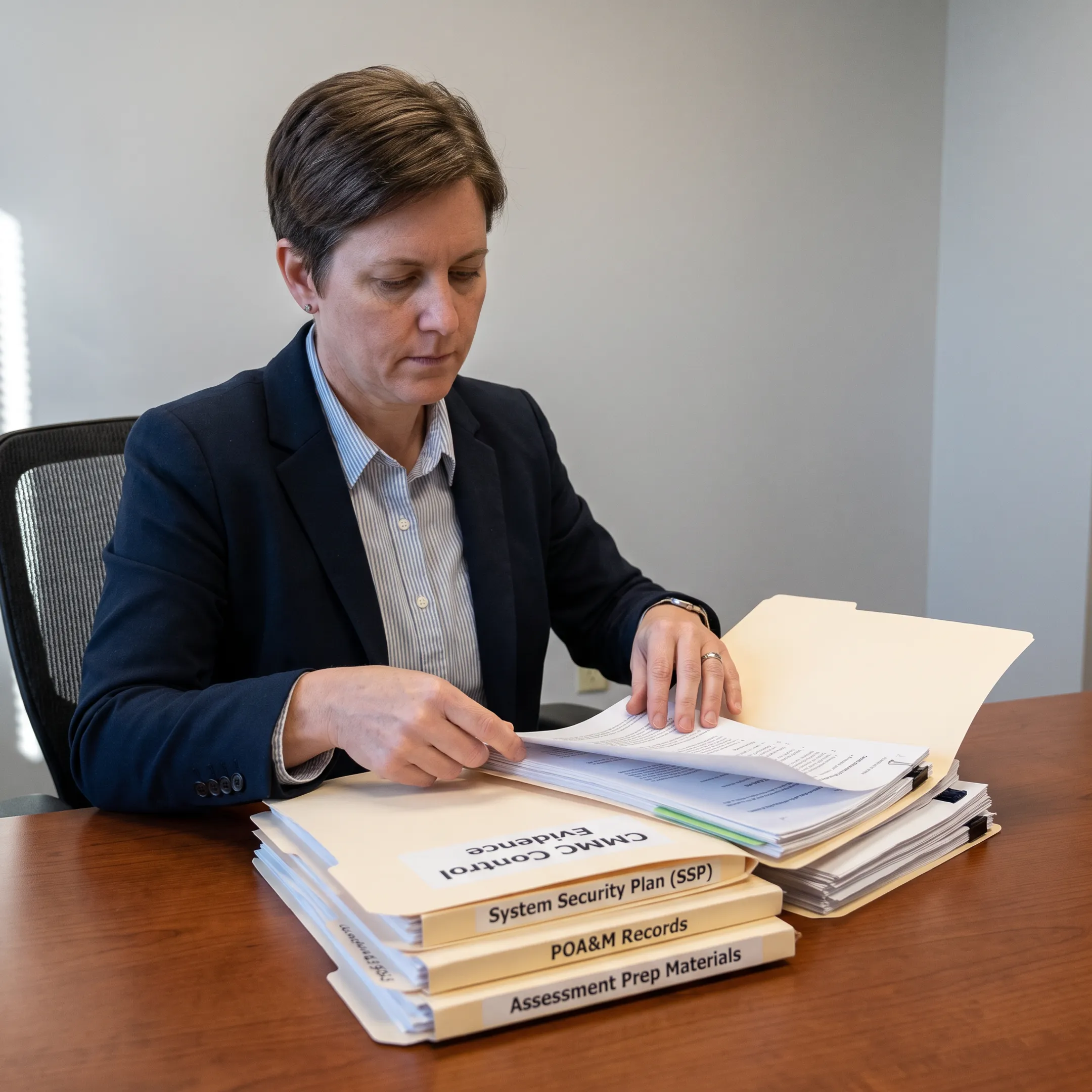 Defense compliance professional organizing CMMC evidence and control documentation
