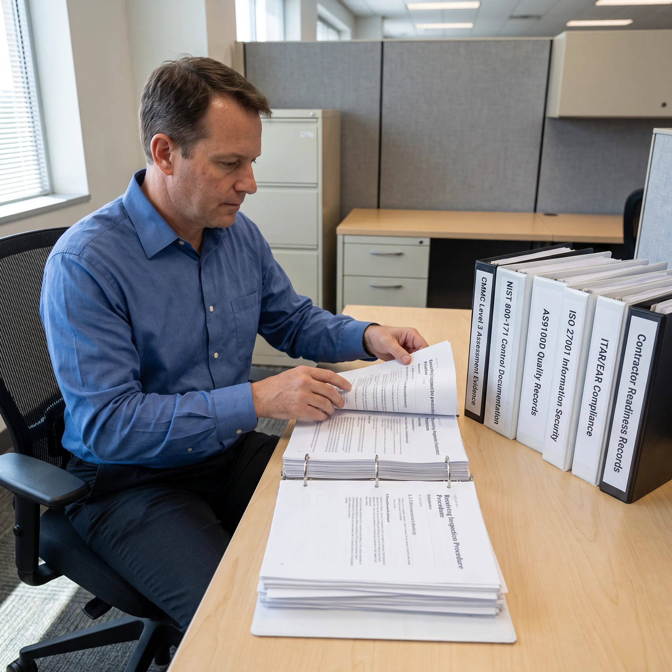 Compliance professional preparing CMMC assessment documentation