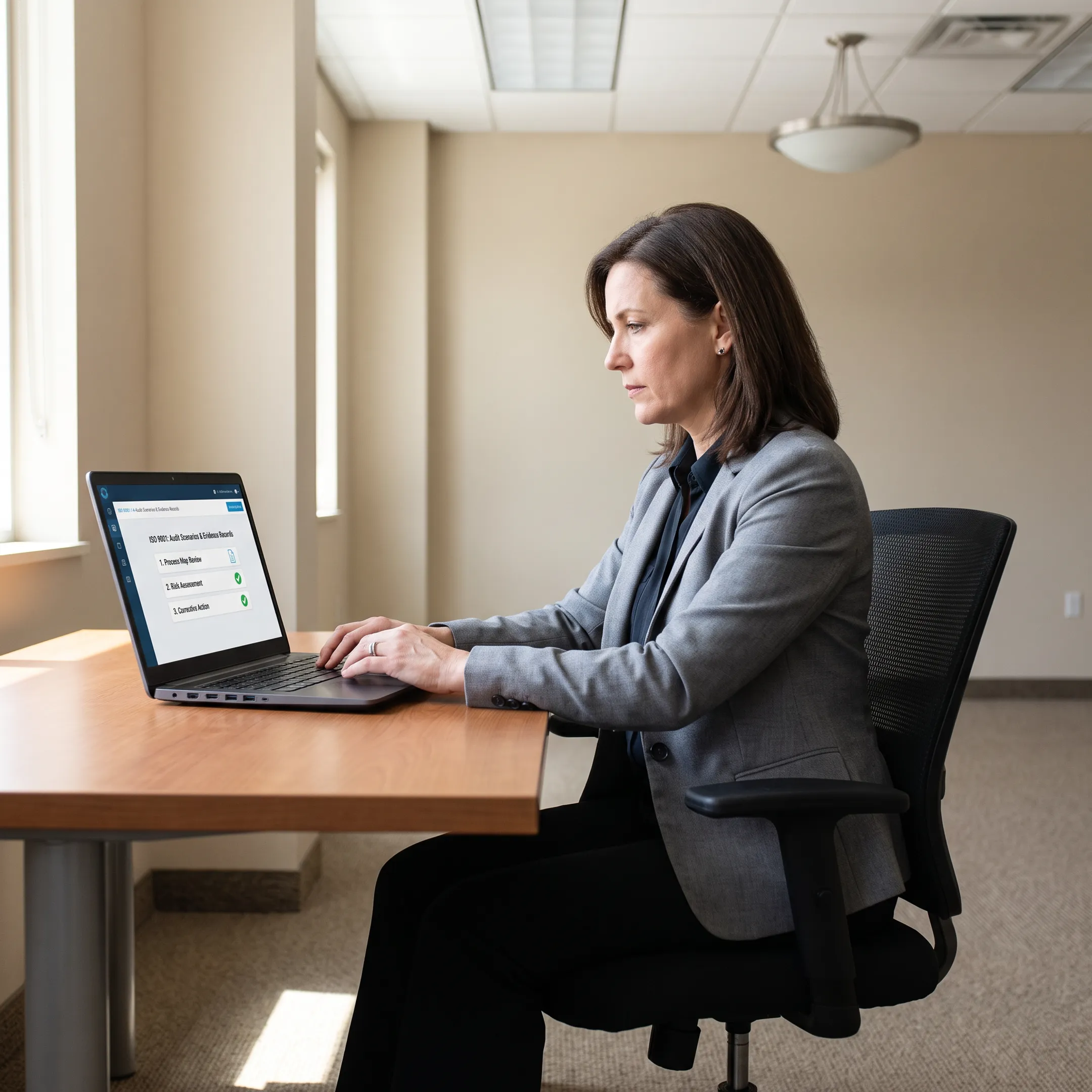 Learner reviewing ISO 9001 audit scenario on compliance platform