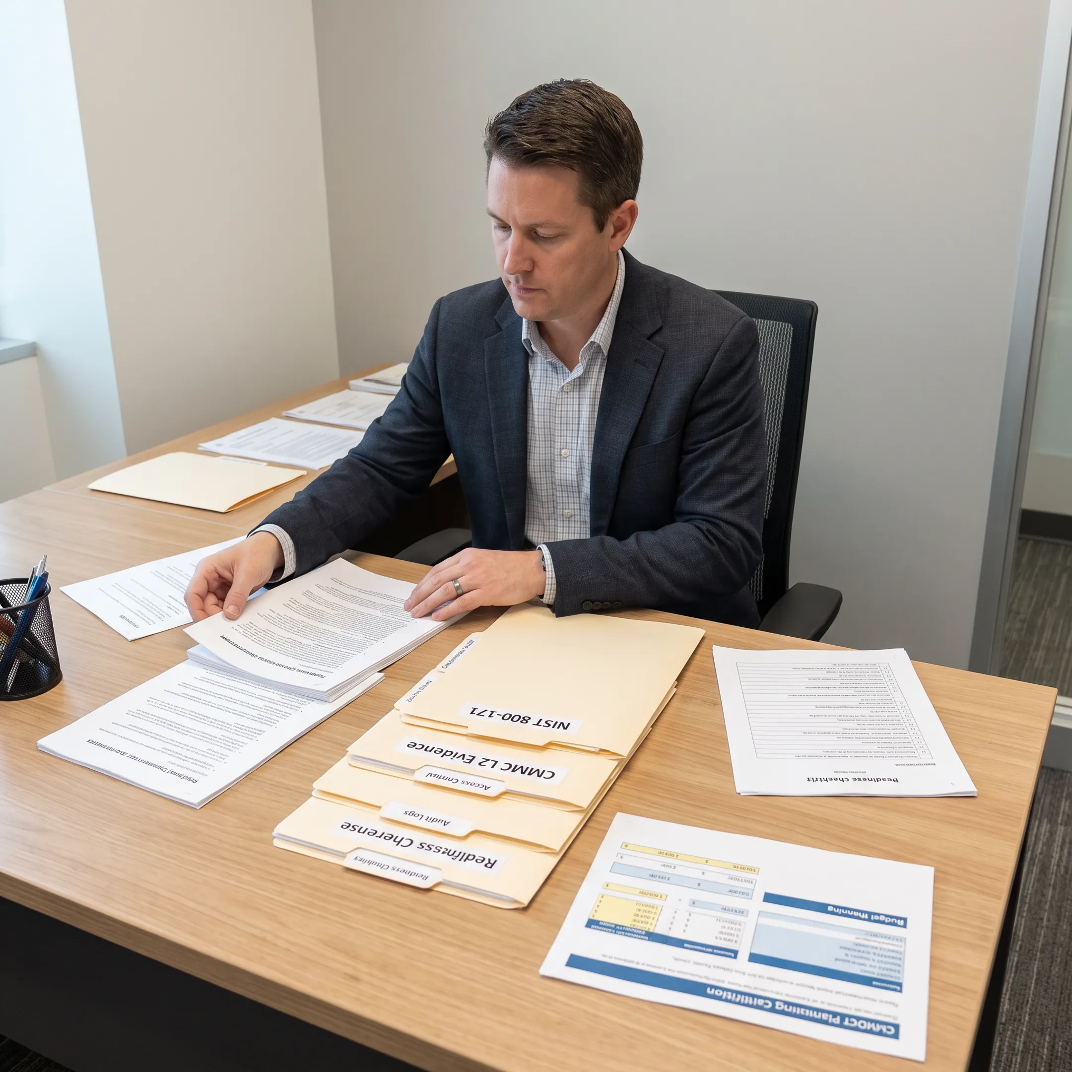 Compliance leader planning CMMC certification budget with cybersecurity assessment documents
