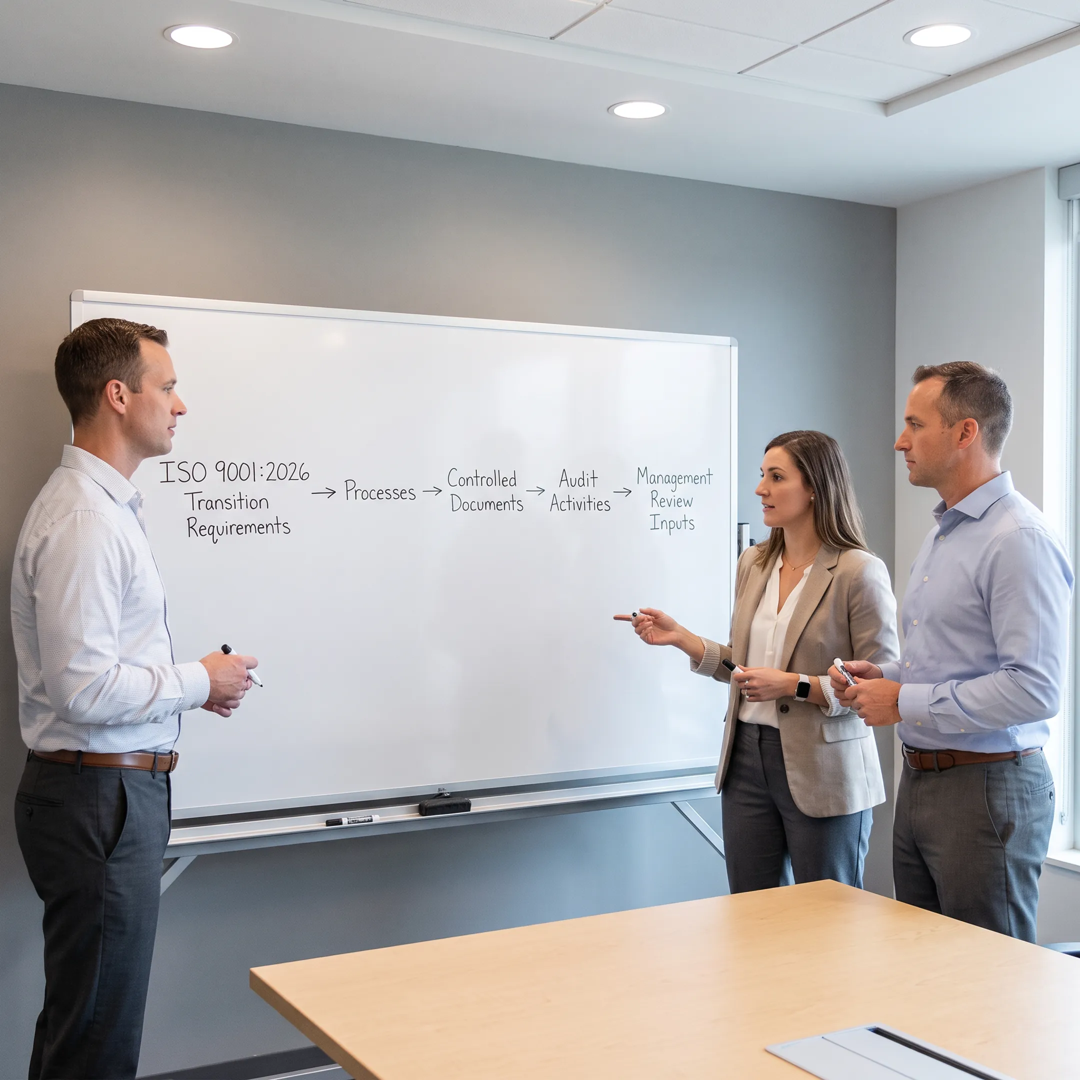 Quality team mapping ISO 9001 requirements to QMS processes