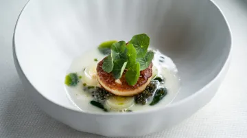 Professional restaurant food photography showing plated dish with natural lighting