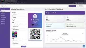 QRStuff branded vCard QR code digital business card with scan analytics dashboard