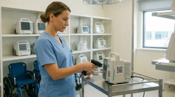 Clinical staff scanning QR code on medical equipment for maintenance tracking verification