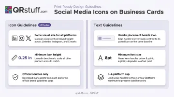 Business card social media icon layout rules sizing and font minimum guidelines