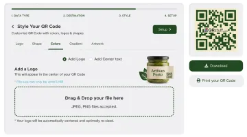 QRStuff custom QR code designer showing logo upload and brand color options