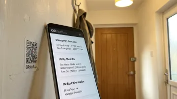 Family emergency information document displayed on smartphone screen near front door