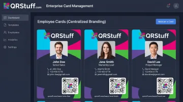 QRStuff enterprise dashboard showing branded team digital business card templates