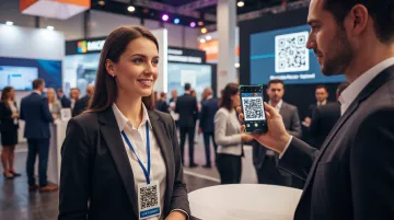 Professional scanning QR code on conference badge at networking event