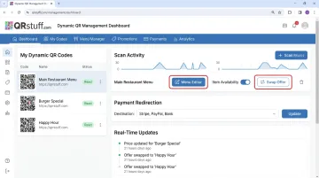 QRStuff dynamic QR code dashboard showing real-time menu and payment update controls