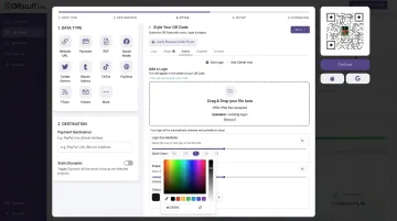 QRStuff dashboard interface showing merchant QR code generation and customization steps