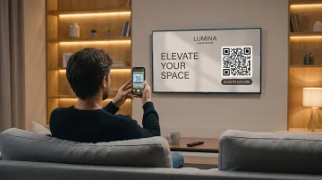 Young adult scanning QR code on TV screen with smartphone during streaming