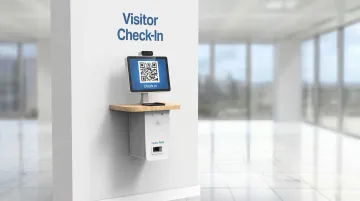 Modern corporate office lobby entry point with QR code scanner kiosk