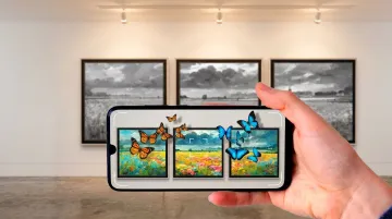Museum visitor using smartphone to view augmented reality overlay on gallery artwork
