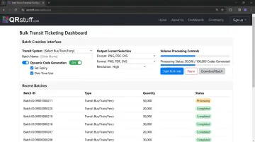 QRStuff bulk QR code generation dashboard showing batch ticket creation interface