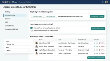 QRStuff enterprise dashboard showing role-based SSO and 2FA access control settings