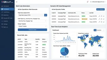 QRStuff enterprise platform dashboard showing bulk QR code generation and real-time scan analytics