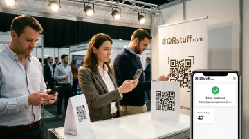 Event attendees scanning QR codes at a busy trade show booth display