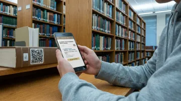 Student scanning QR code on library shelf to access digital research resources
