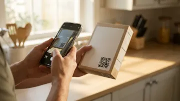 Consumer scanning QR code on retail product packaging in store aisle