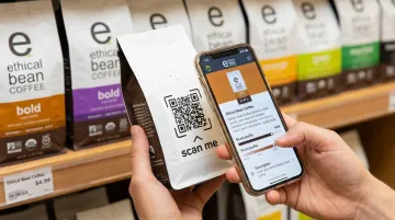 Consumer scanning product packaging QR code in retail store environment