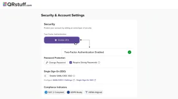 QRStuff platform security features dashboard showing 2FA and encryption controls