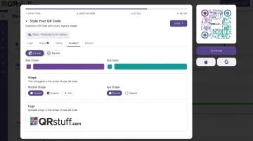 QRStuff branded QR code builder showing logo color and custom design options