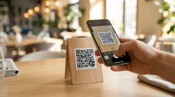 Restaurant contactless QR code payment at table with smartphone scan