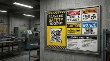 Industrial facility safety noticeboard with QR code signage posted near machinery