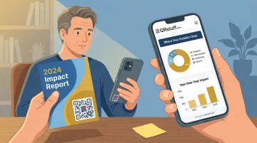 Non-profit donor receiving impact report with QR code linking to transparency dashboard