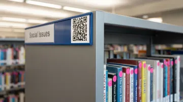 Library QR code signage on shelf end displaying scan prompt for patrons