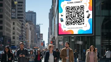 Brand QR code displayed on large outdoor billboard in busy urban environment