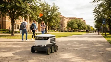 Starship autonomous delivery robot navigating college campus pedestrian pathway