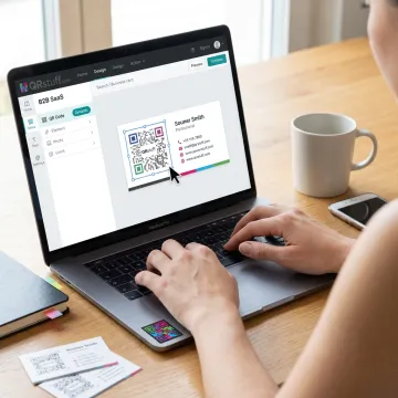 Designer adding a Facebook QR code to a business card