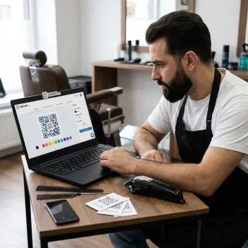Barber setting up a QR code business card