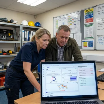 Facilities team reviewing QR code fault reports on a dashboard