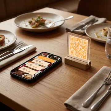Digital restaurant menu opened from a QR code stand