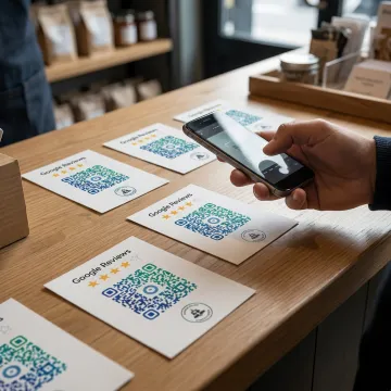 Branded Google review QR code on printed customer feedback cards