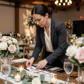 Event planner placing QR photo sharing cards on tables